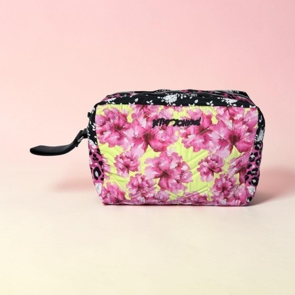 Betsey Johnson Large Quilted Cosmetic Bag Vibrant Pink Floral Leopard